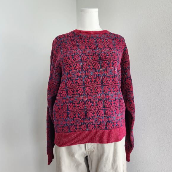 Vintage 80s Isle of Cotton Red Blue Geometric Knit Sweater Drop Shoulder L - Picture 2 of 9